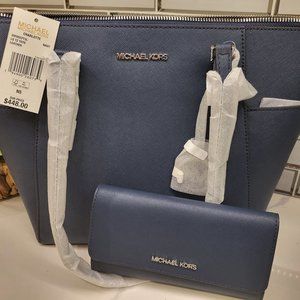 New Michael Kors Charlotte Large Saffiano Leather Navy Top-Zip Tote Bag & Wallet